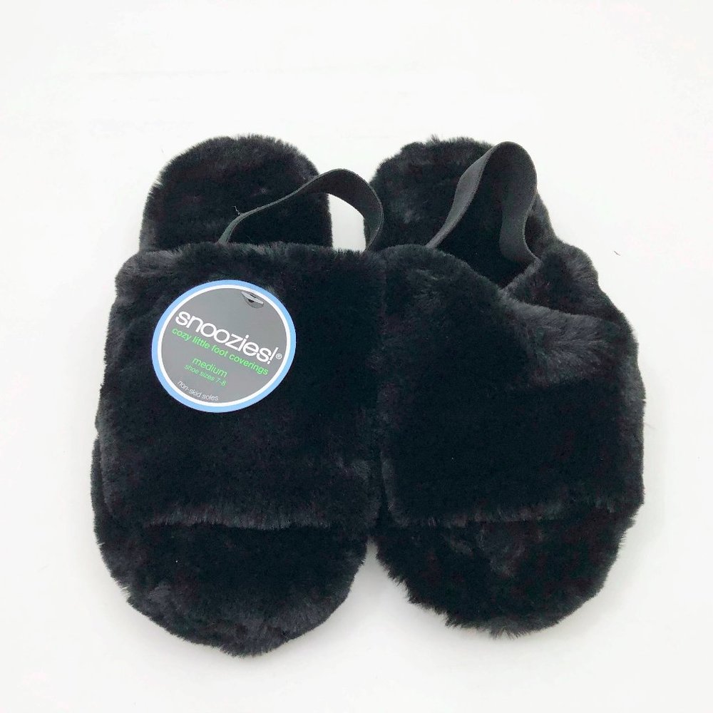 NWT Snoozies Women's black faux fur Slides Slippers Medium 7/8 Non Skid Soles